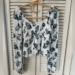 Hollister White  Long-Sleeve Top with Green Floral